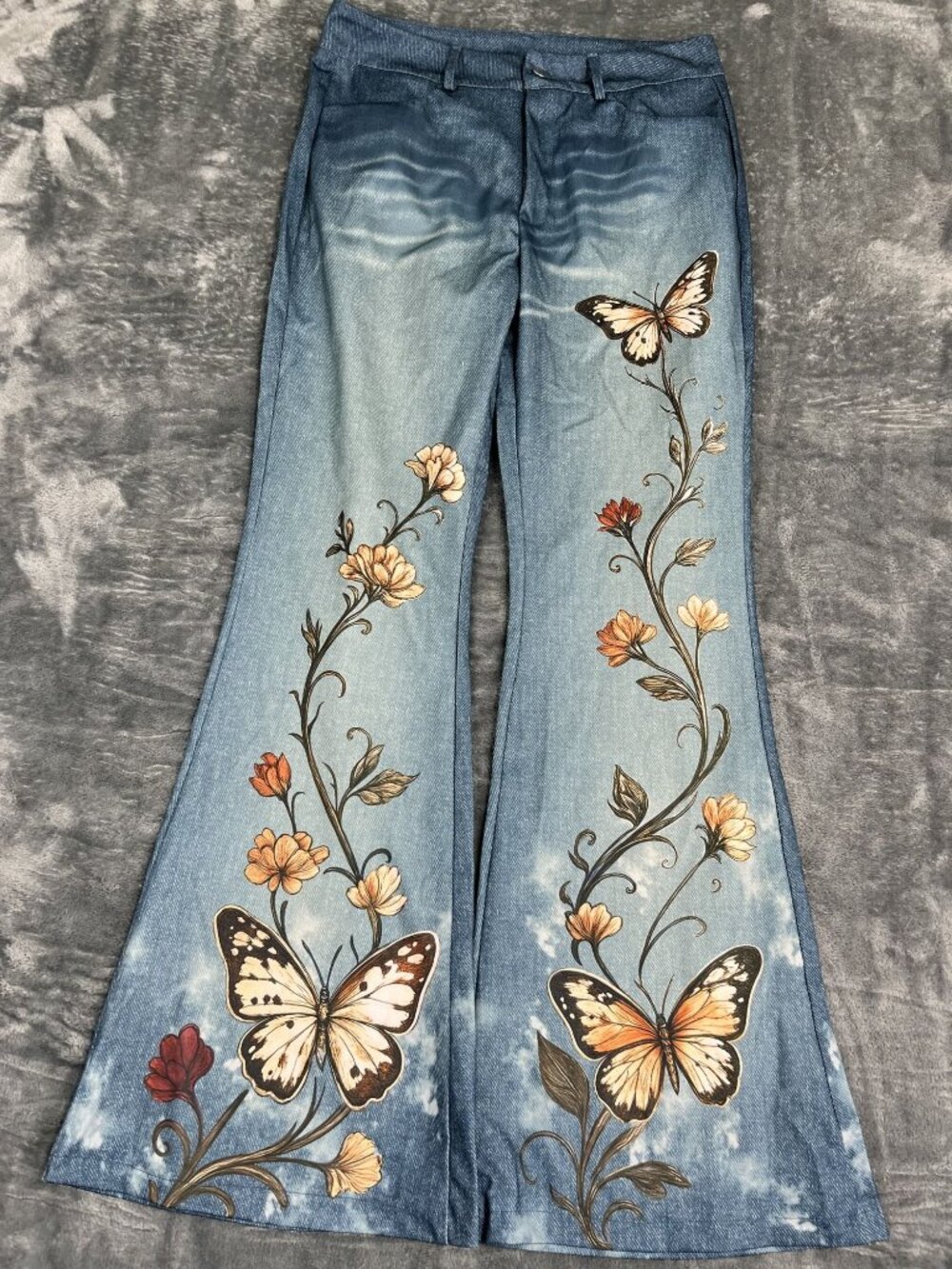 Womens Butterfly Floral Flare Jeans Light Wash Large